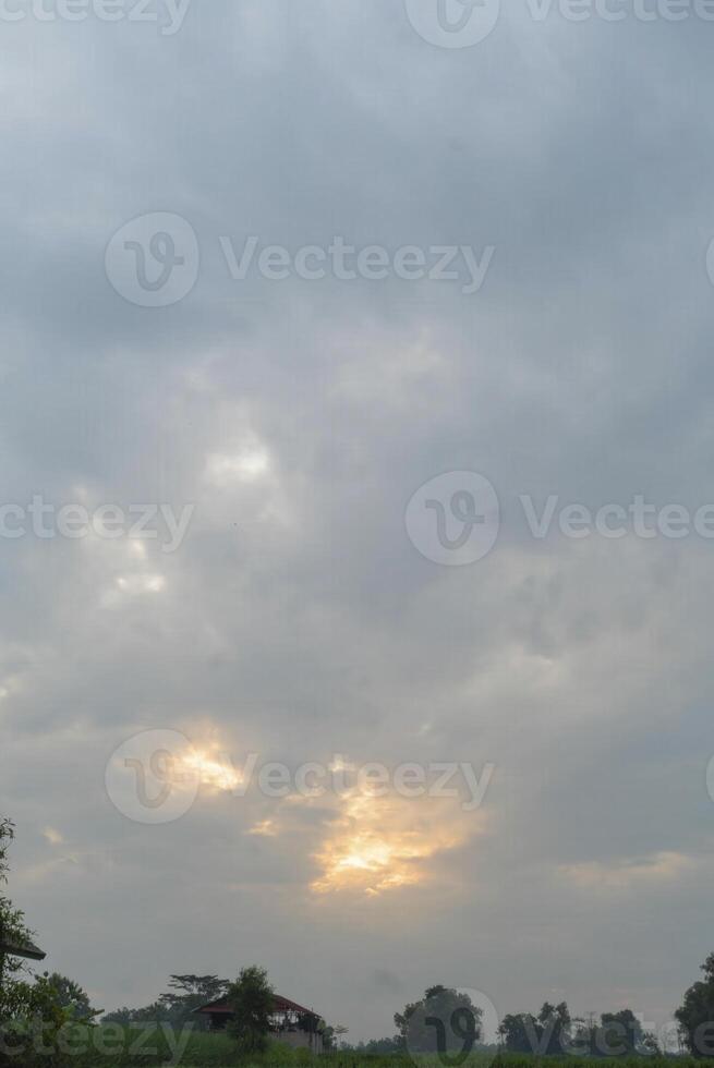A cloudy sky with a few clouds in the distance photo