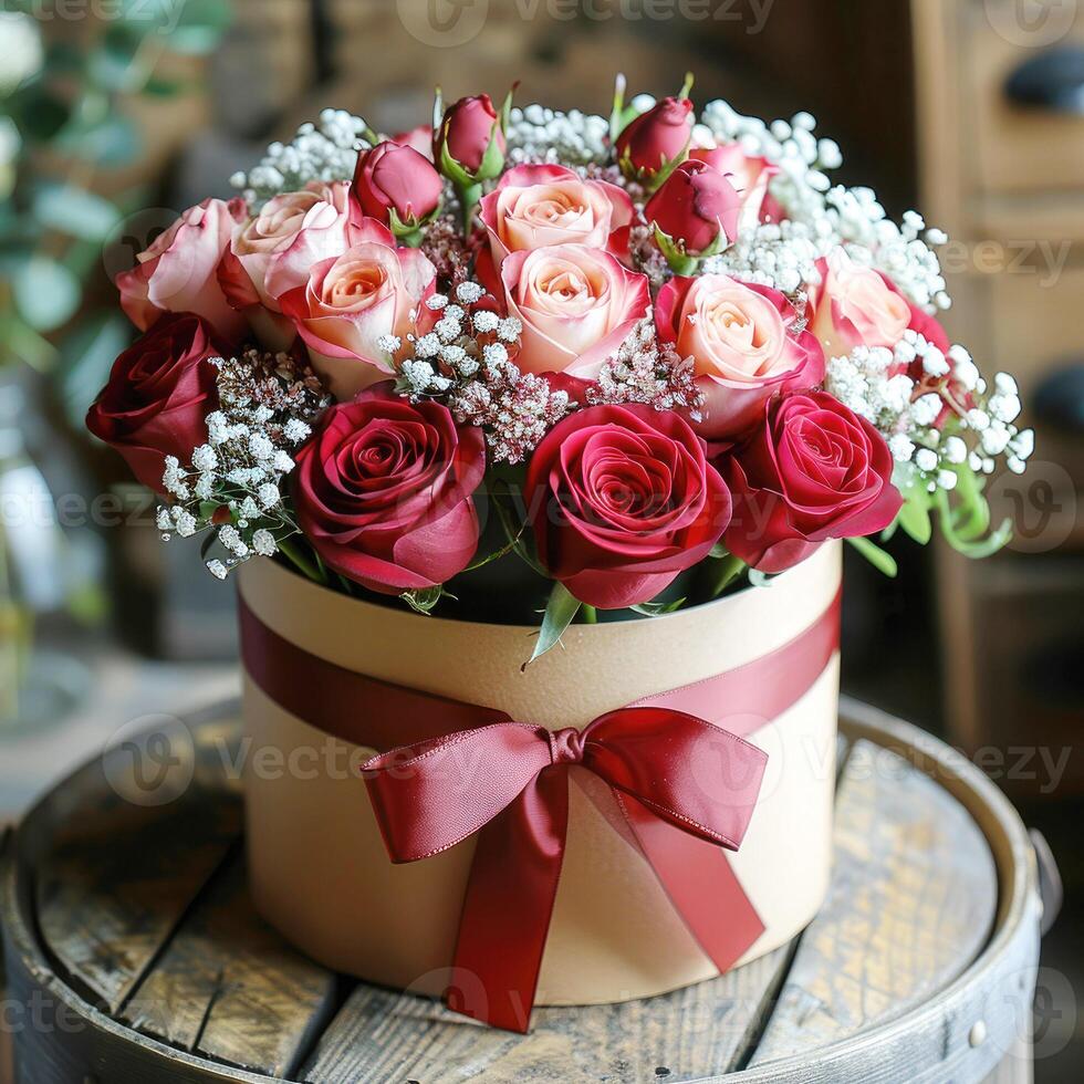 Red and white roses in a round box photo