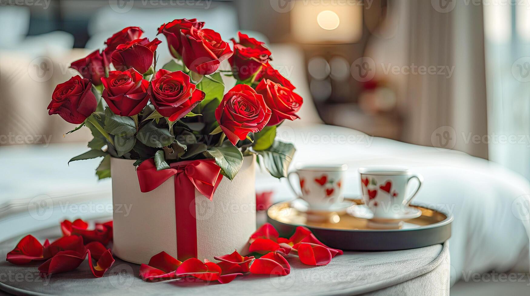 A bouquet of red roses, two cups of coffee in the hotel room. photo
