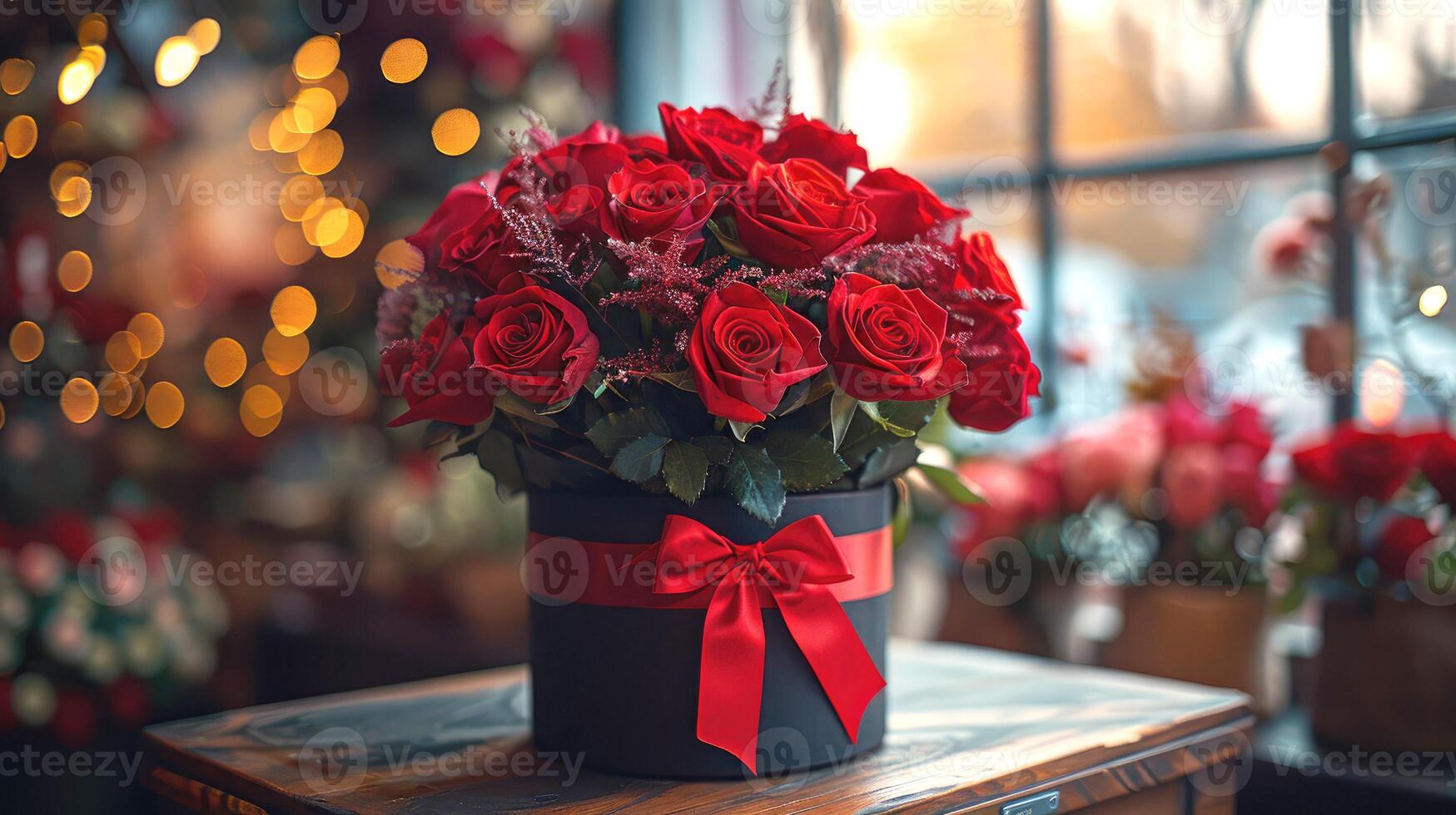 Red roses in a round box with a red ribbon photo