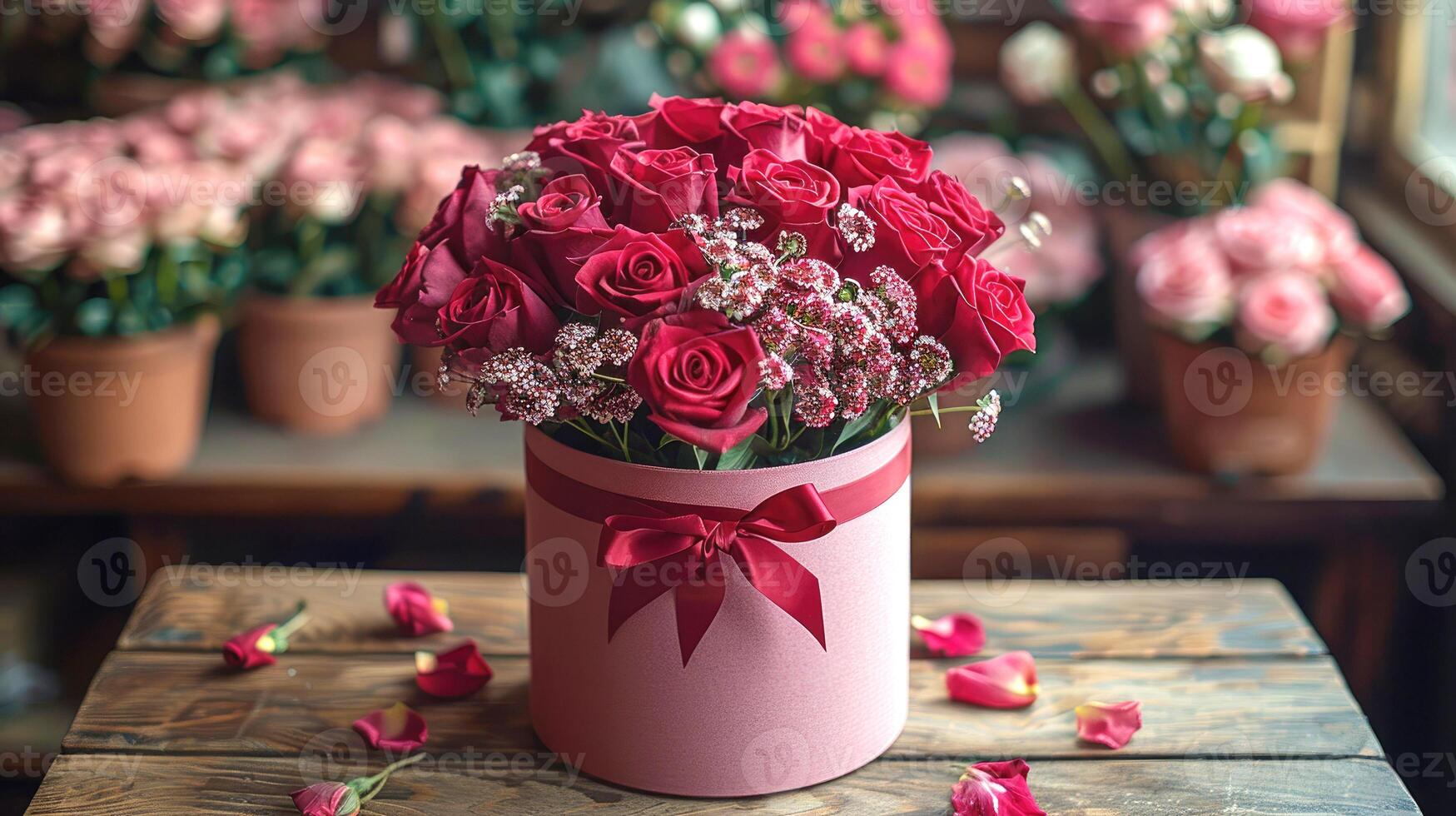 Red roses in a round box with a red ribbon photo
