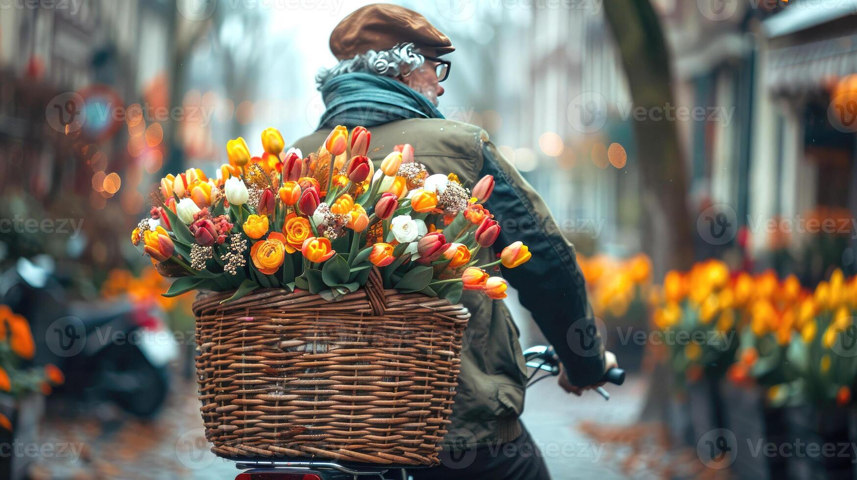 A Senior man rides a bicycle with a basket containing a huge bunch of bright flowers photo