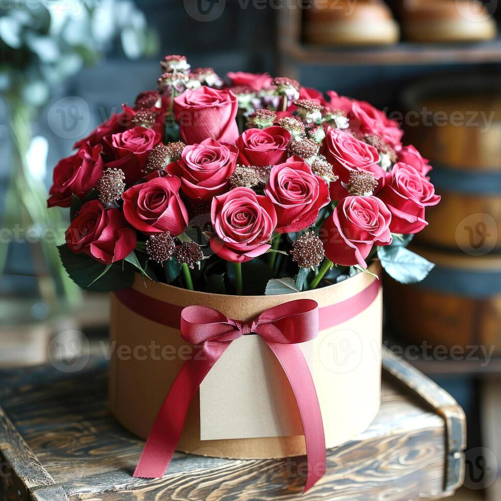 Pink roses a round box with a pink ribbon on top photo
