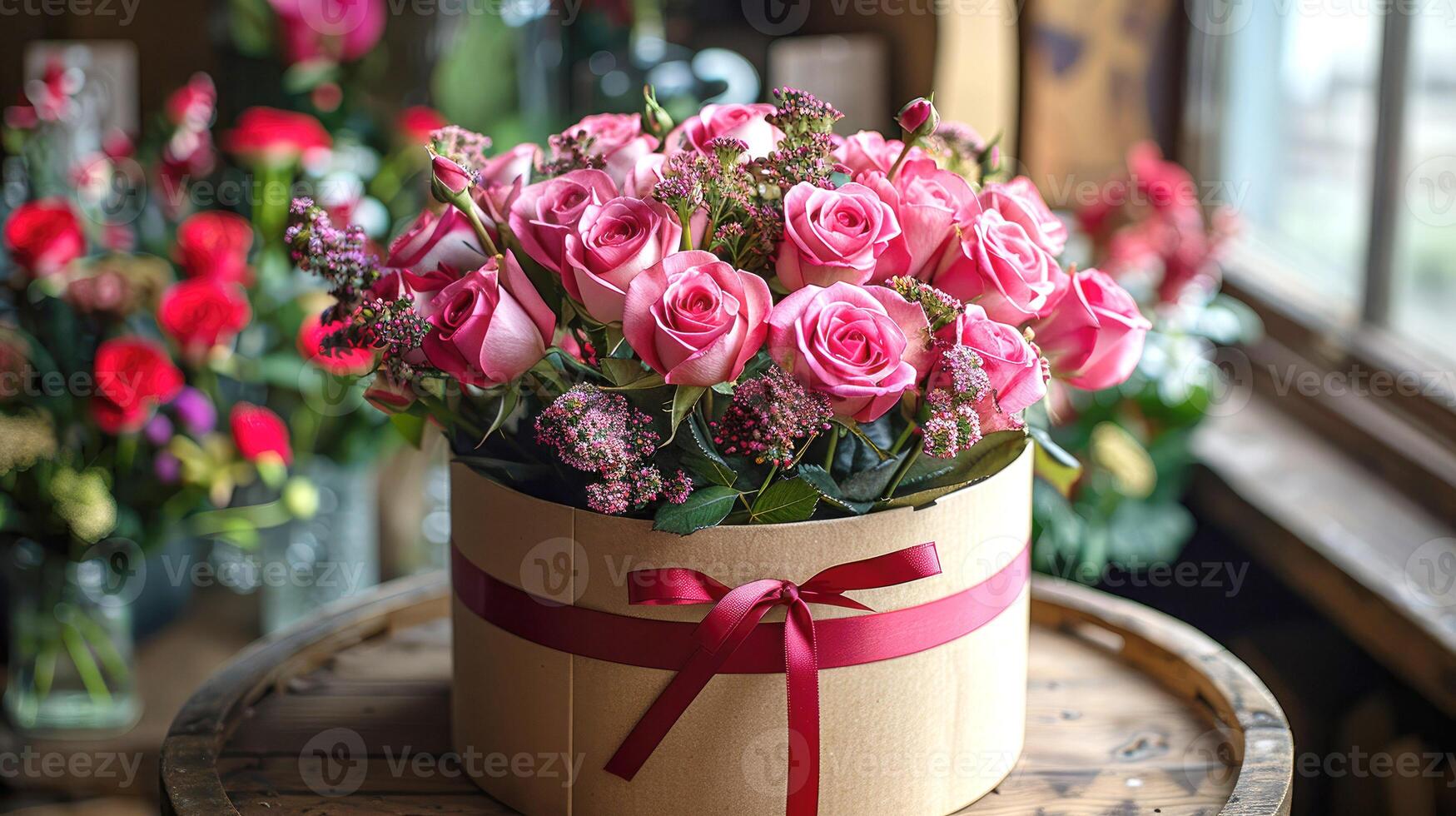 Pink roses in a round box with a ribbon photo