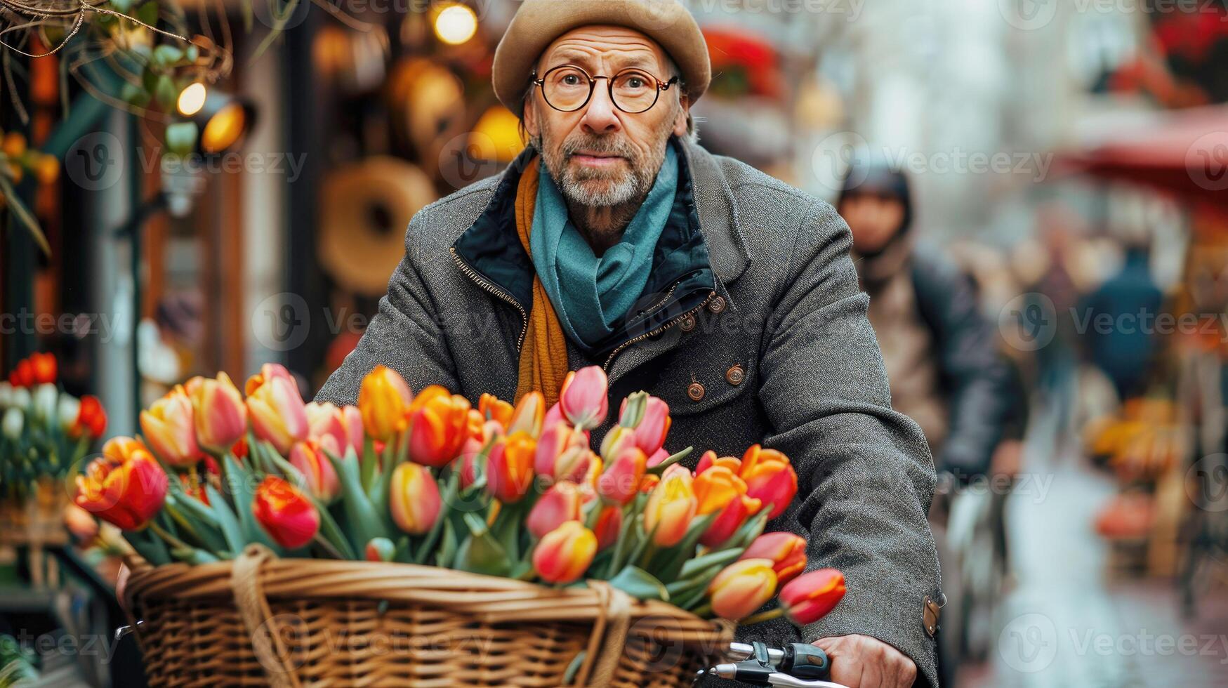 A Senior man rides a bicycle with a basket containing a bunch of bright flowers photo