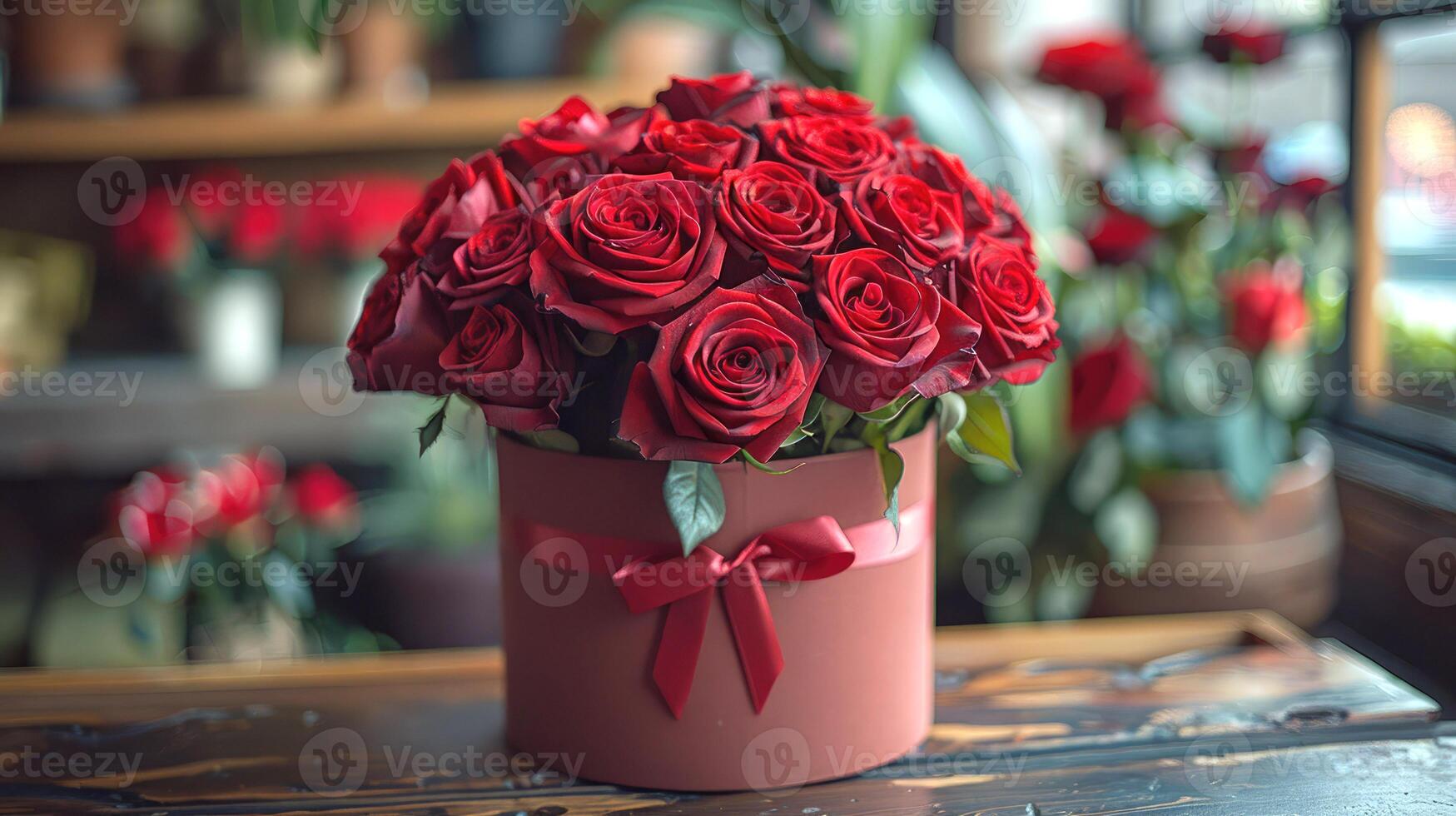 Red roses in a round box with a red ribbon photo