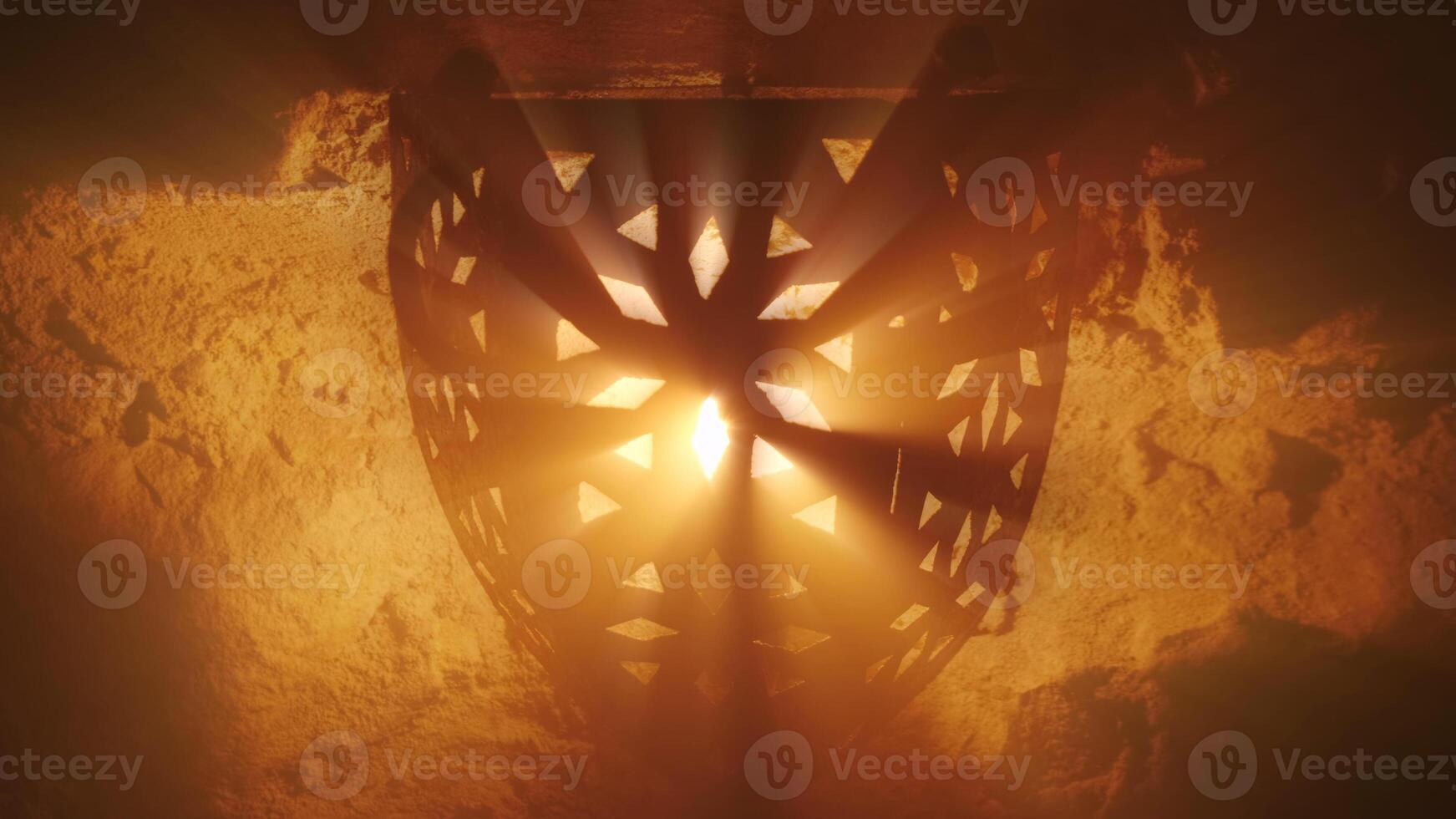 Old lantern with warm light rays in of old castle photo