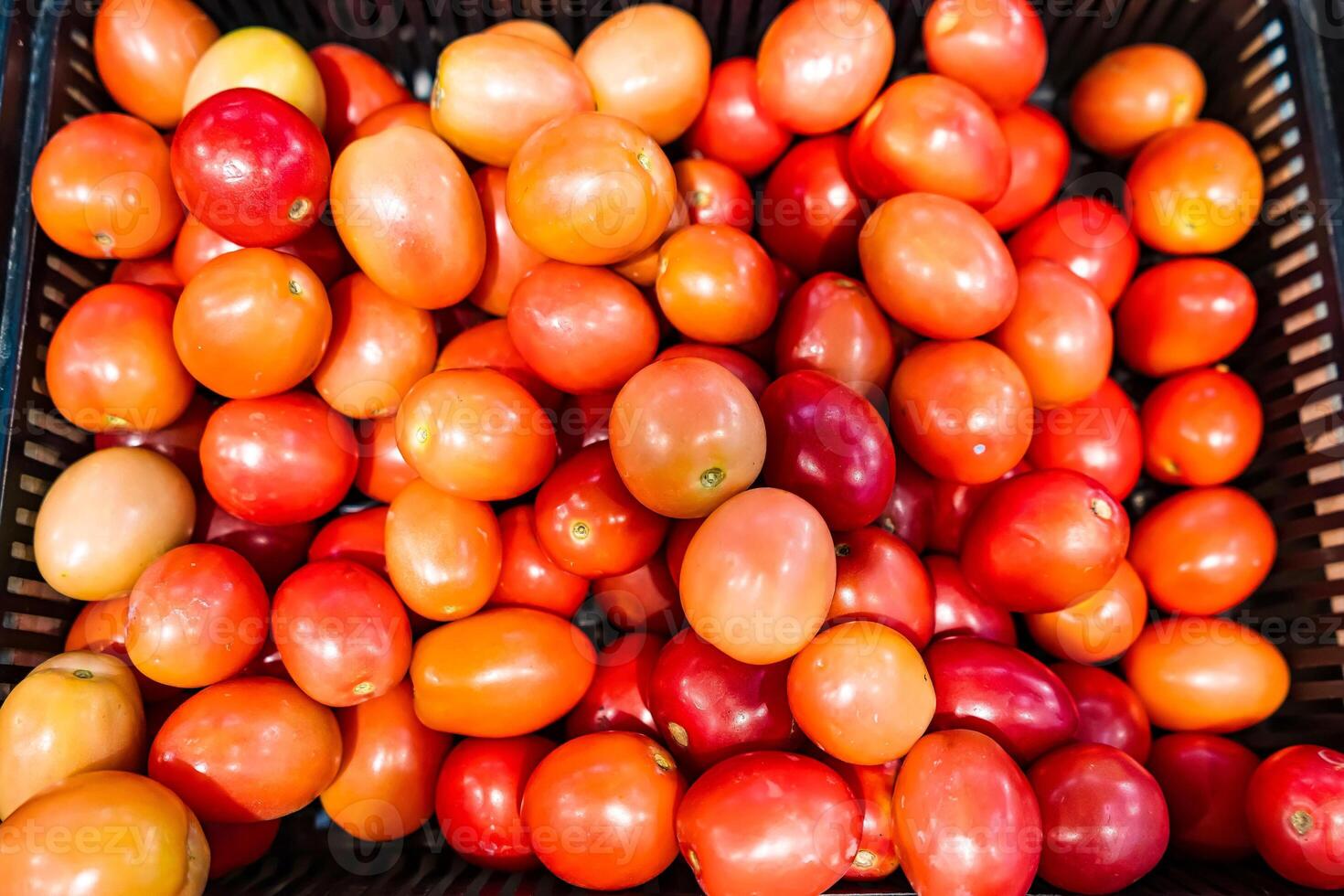 A vibrant collection of fresh, ripe tomatoes displayed in a market, showcasing their rich red color and smooth texture, perfect for culinary use and healthy eating photo