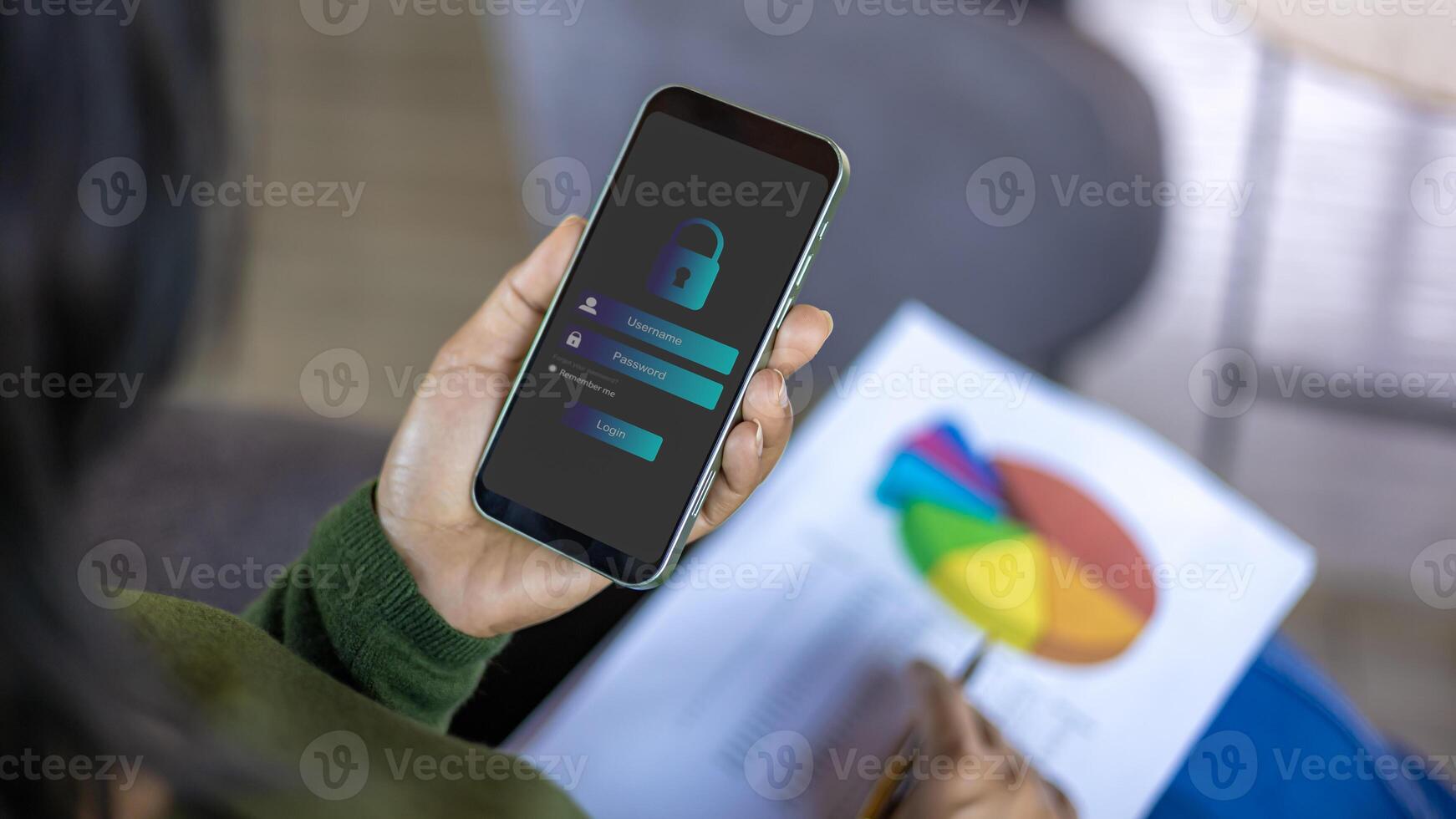 Business woman use smartphone to login window, Cybersecurity concept Global network security technology, Secure access to user personal information, Secure Internet access, Cybersecurity to phone. photo