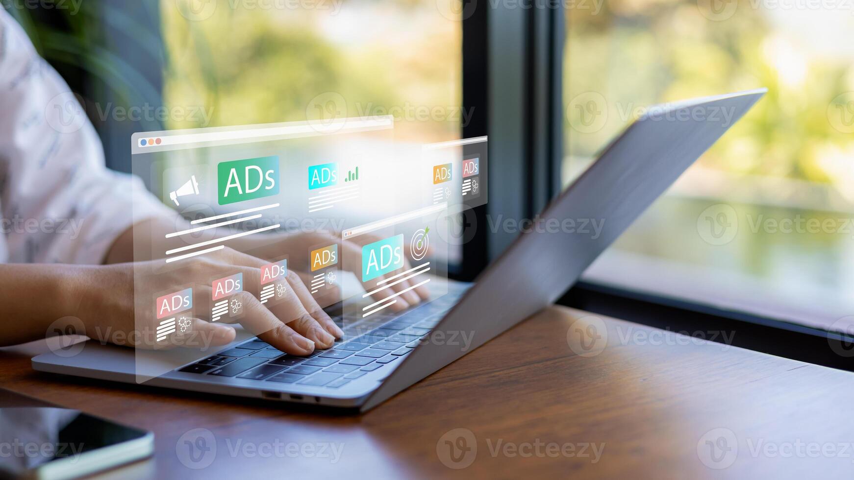 Online advertisement, Digital marketing concept, Woman using laptop and tablet with Ads dashboard digital marketing strategy analysis for branding, BAd on website and social media, SEO. photo