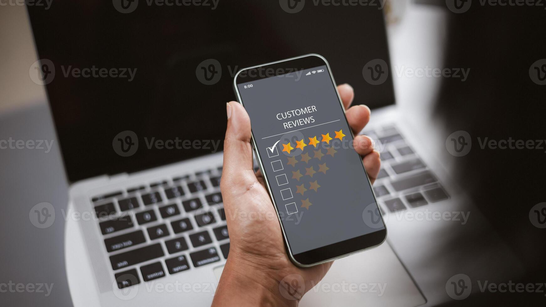 Service experience rating online application, Customer Satisfaction Survey concept, 5-star satisfaction, customer evaluation product service quality, satisfaction feedback review, good quality most. photo