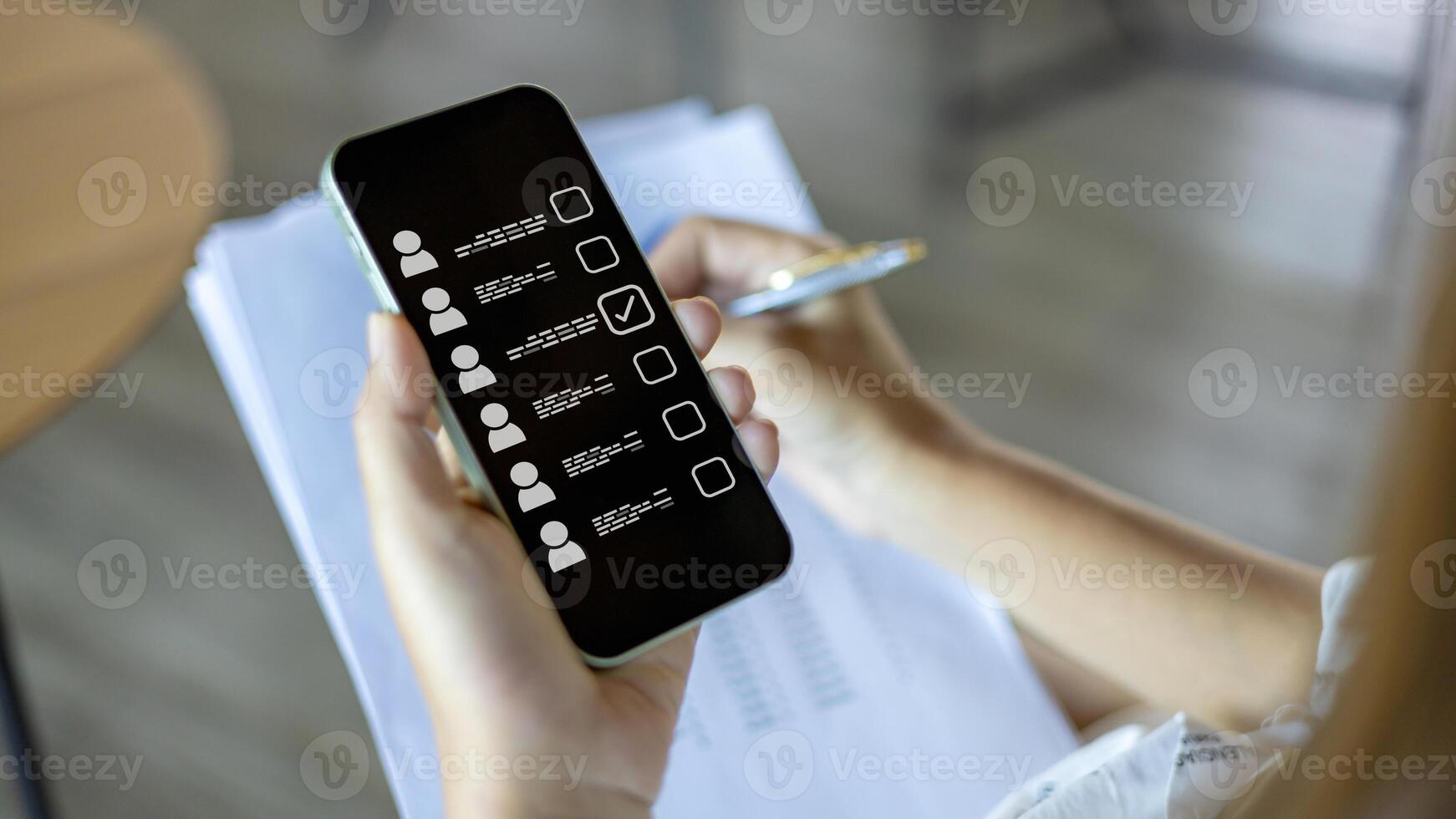 Human resource manager checks the CV online to choose the perfect employee for his business, Online and modern technologies for simplifying the human resources system, HR technology. photo