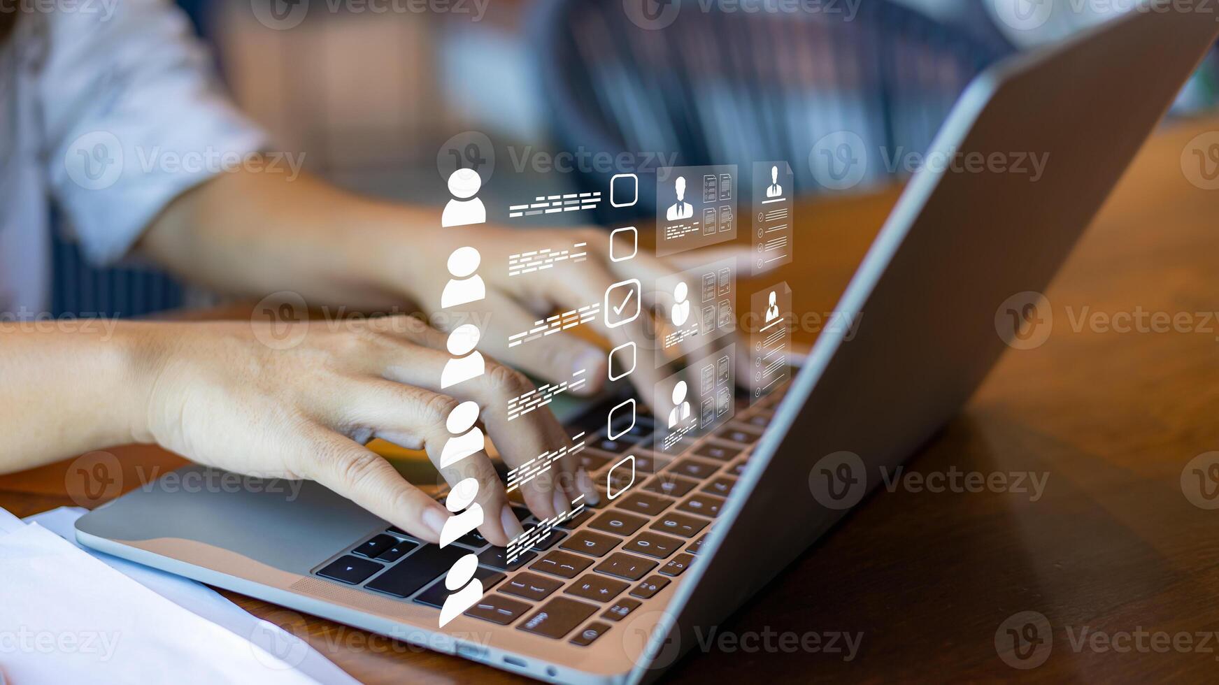 Human resource manager checks the CV online to choose the perfect employee for his business, Online and modern technologies for simplifying the human resources system, HR technology. photo
