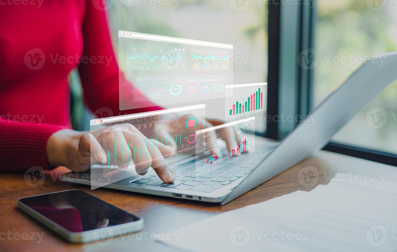 Professional women wearing red sweater working about new startup on laptop to analysis finance of project in outside office, Woman working using laptop online meeting in home office. photo