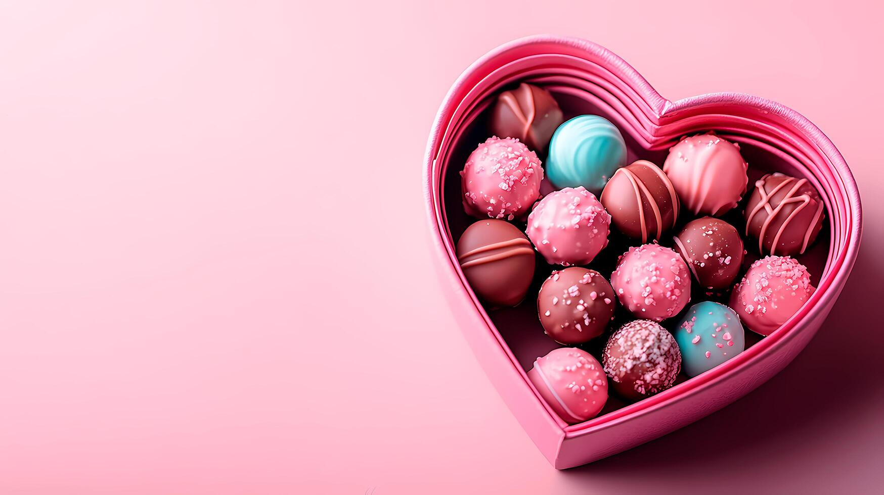 Box of assorted chocolates in heart shaped box on pink background photo