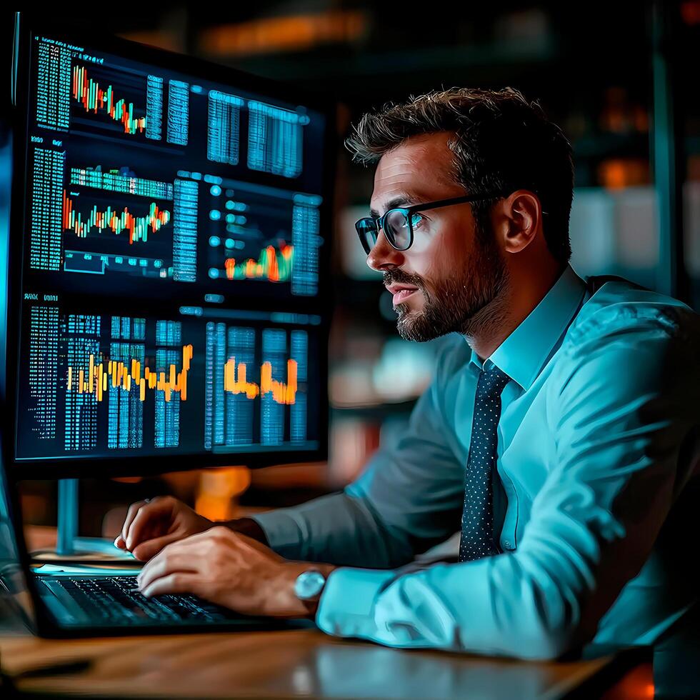 businessman working on computer in office at night. Serious concentrated man in eyeglasses, finance analytics photo