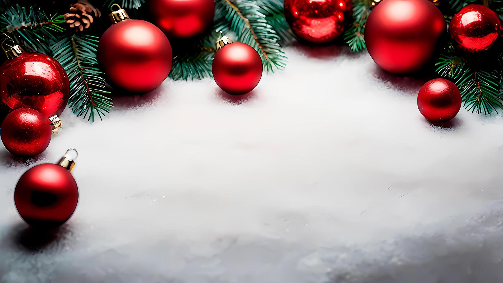 Christmas background with red baubles and fir tree branches on snow photo