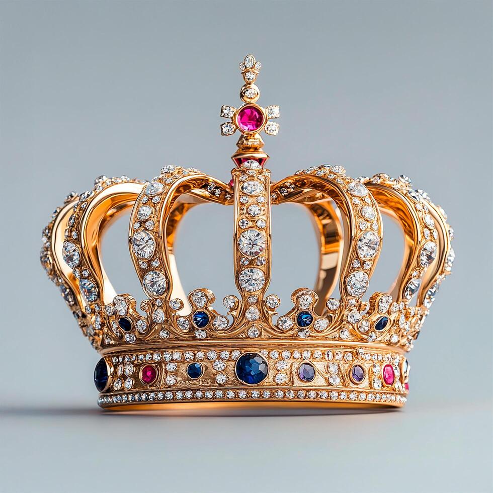 Crown with jewels isolated on gray background. 3D rendering. photo