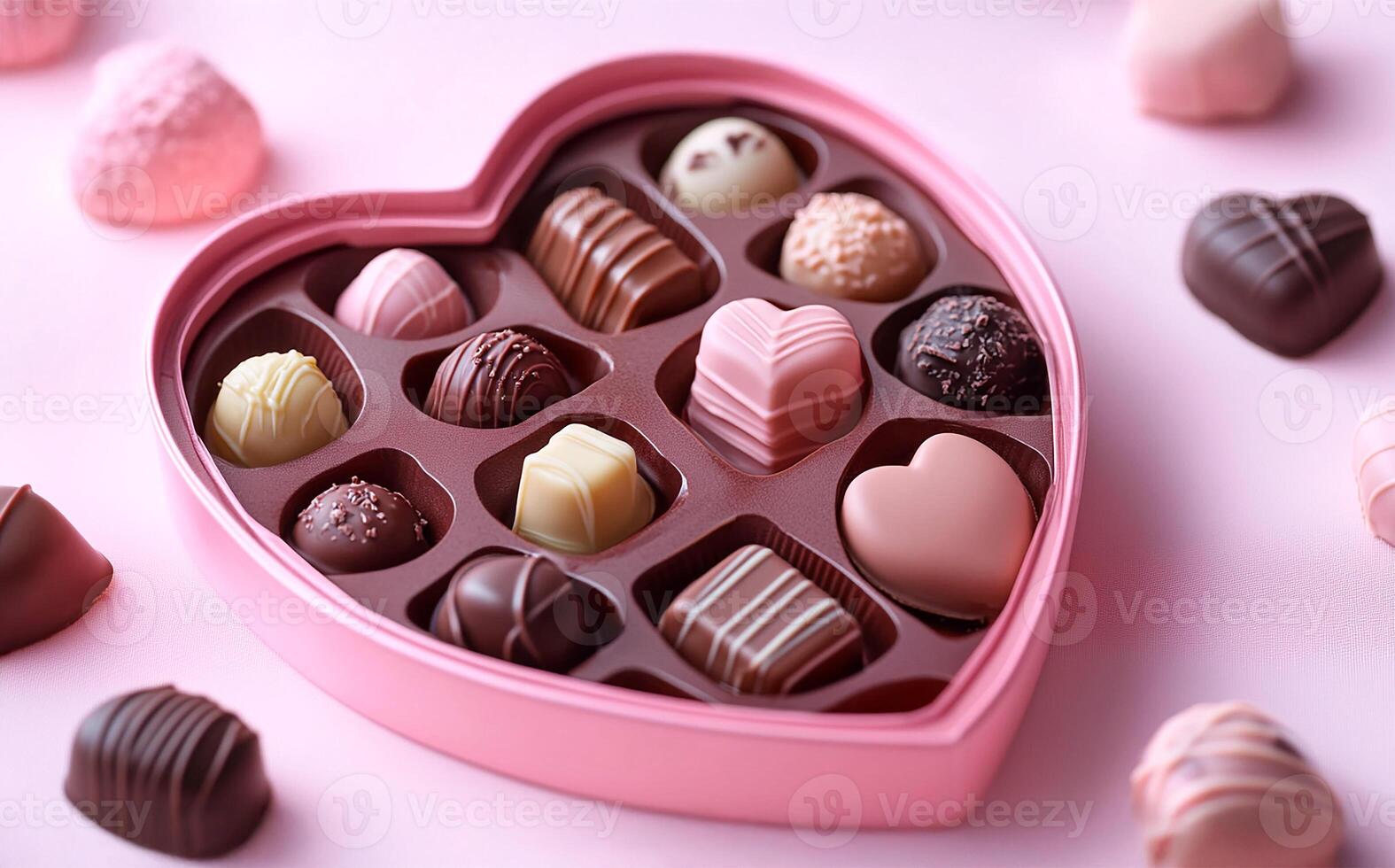 Box with delicious chocolate candies on color background, closeup. Valentine's day celebration photo