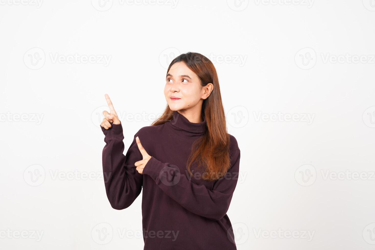 Smiling and Pointing Aside for Copy space Of Beautiful Asian Woman Isolated On White Background photo