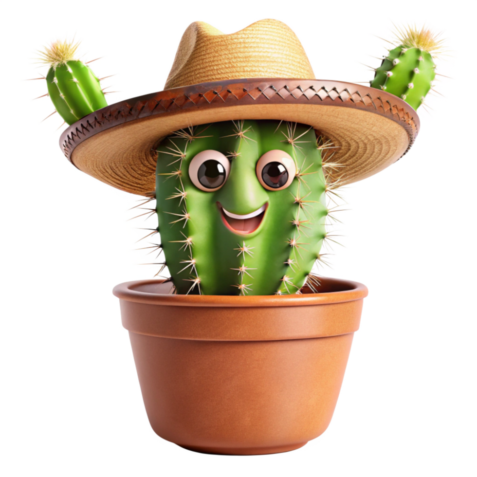 Cartoon Cactus in Pot with Cowboy Hat and Scarf png