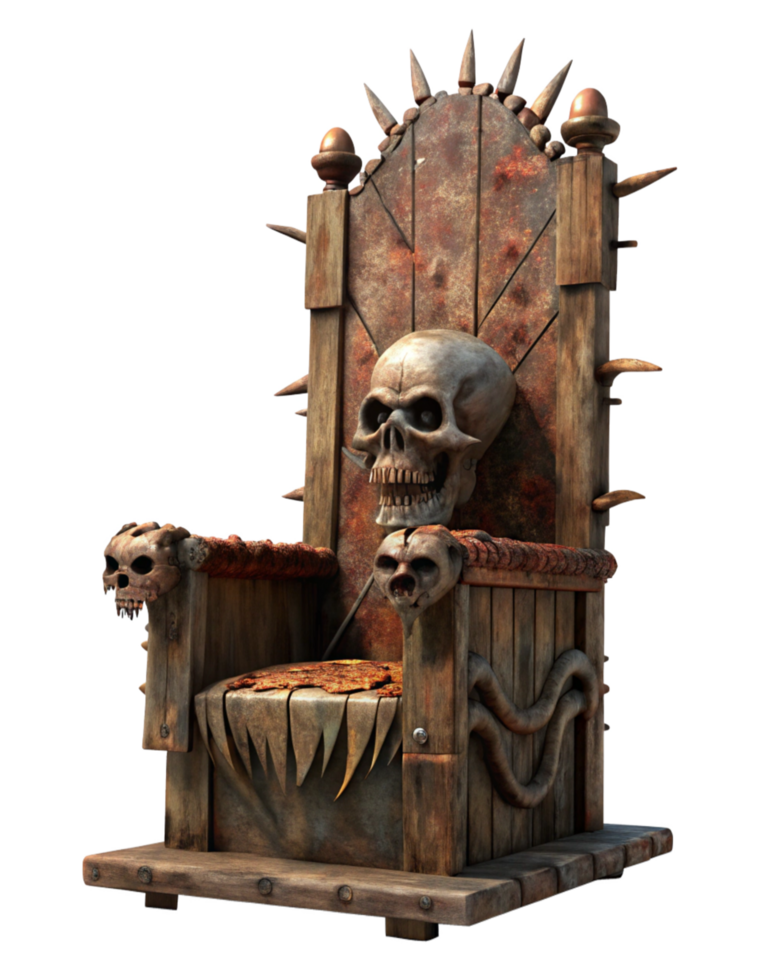 Rustic Gothic Wooden Chair with Skull Accent png