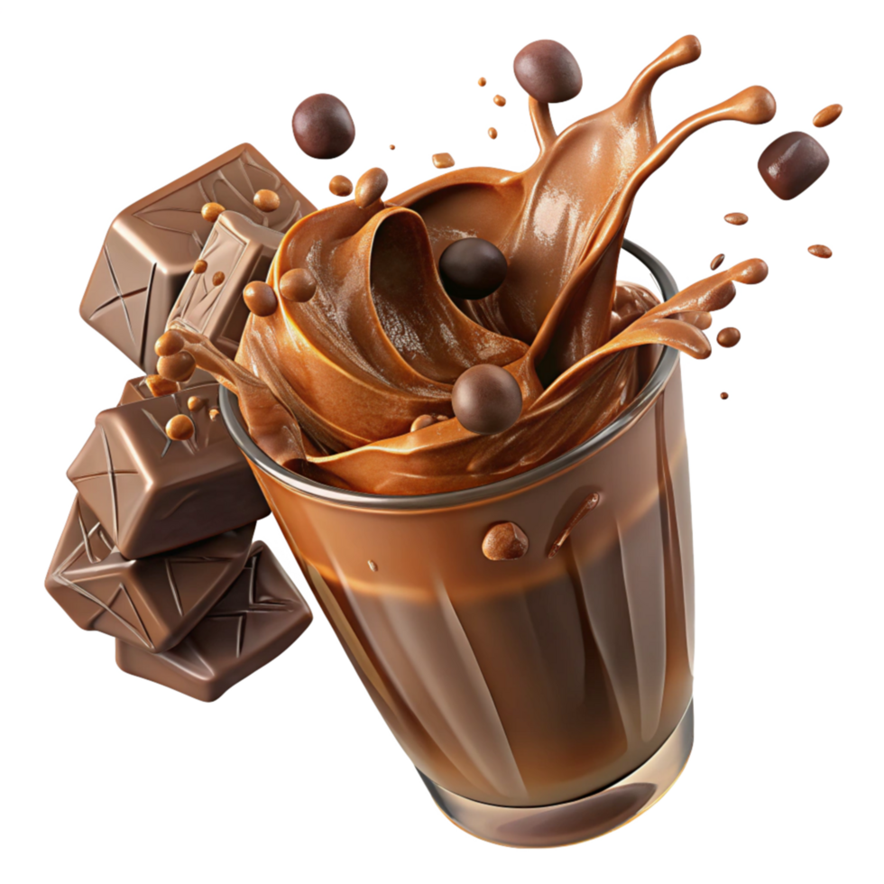 Delicious Pour of Chocolate Milk with Chocolate Pieces in Motion png