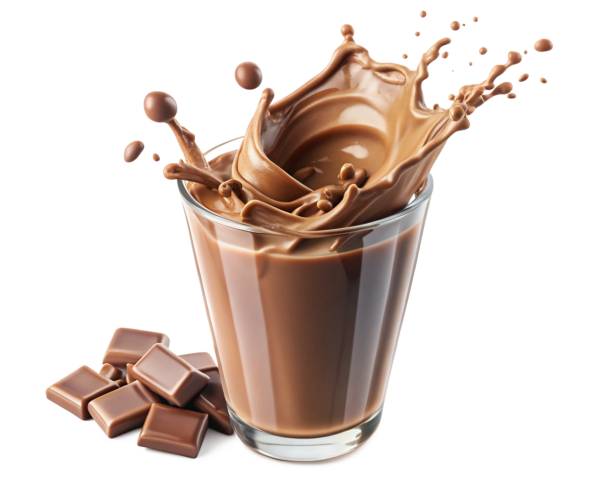 Splashing Chocolate Milk in Glass with Chocolate Pieces Above png