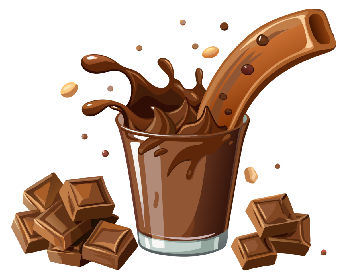 Chocolate Milk Pouring into Glass with Floating Chocolate Pieces png