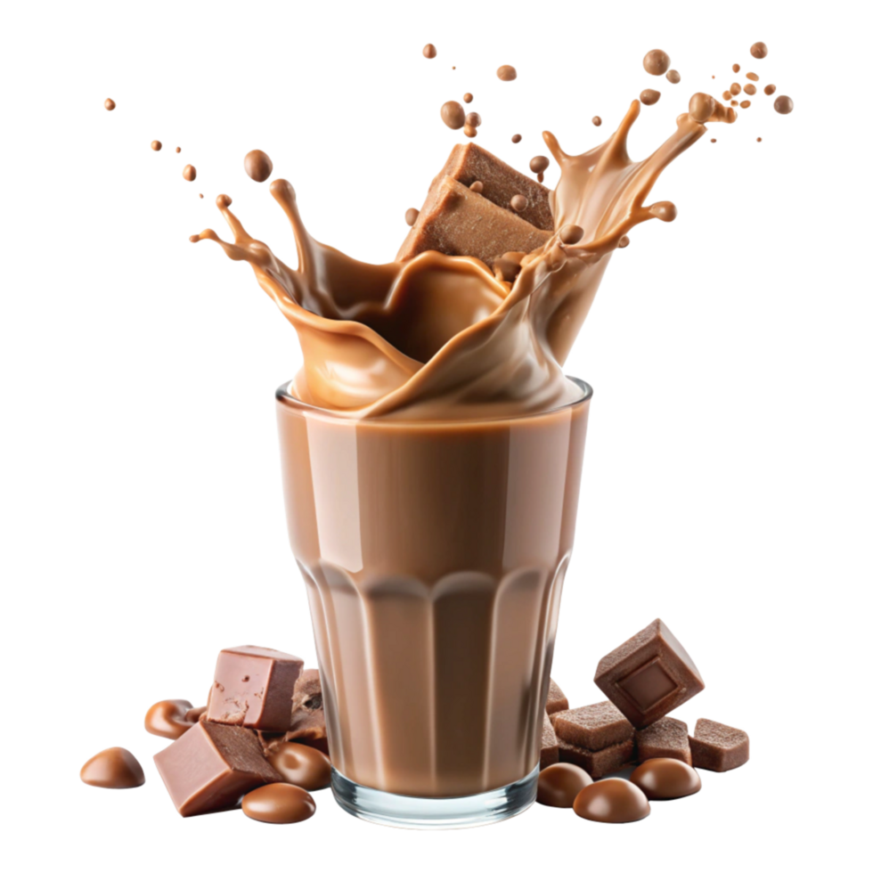 Sweet Chocolate Milk Pouring into Glass with Flying Delights png