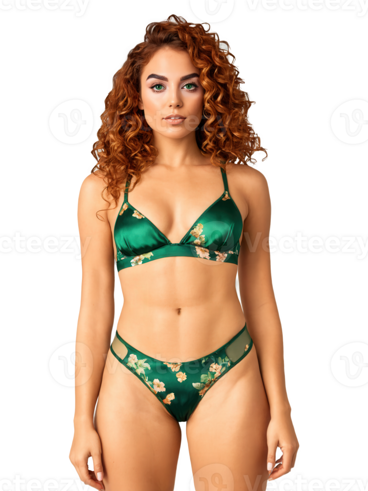 Latina woman with curly auburn hair, green eyes, athletic body type, wearing a satin bralette and thong set in emerald png