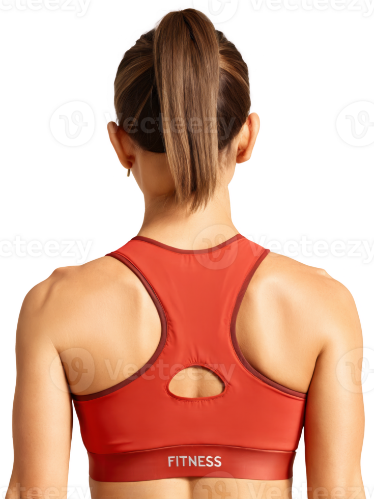 stylish red fitness sports bra with a plunge neckline and smooth, supportive underband. The back features a wide mesh panel png