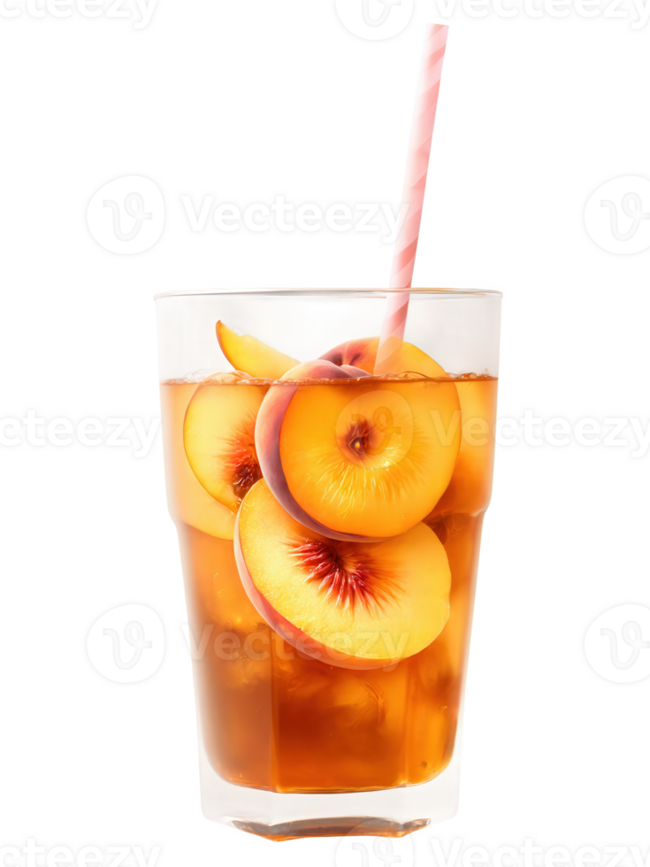Peach Iced Tea with peach slices and ice cubes, vibrant orange and amber hues, isolated png