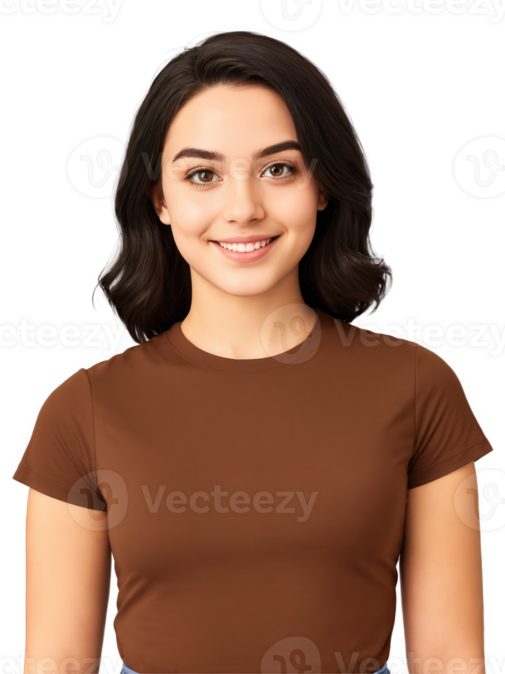 Teenage girl with short, wavy black hair and dark brown eyes, a confident smile. She is dressed in a casual png
