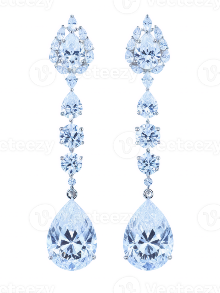 set of bridal earrings made from sterling silver and featuring large teardrop diamonds surrounded by smaller clear crystals, offering a png