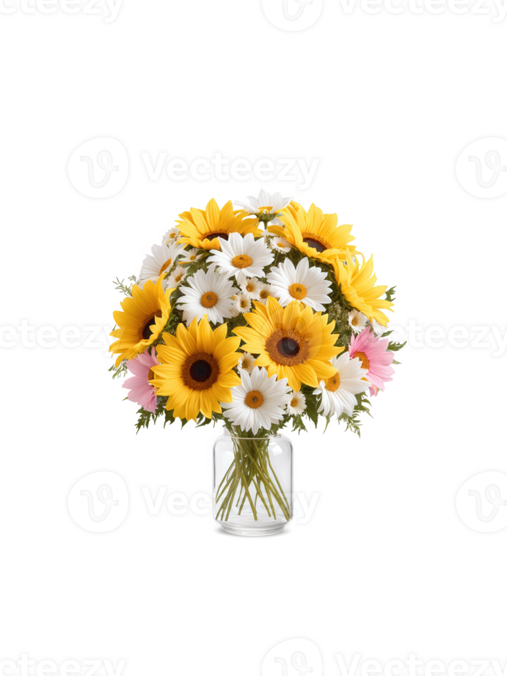 Summer Bliss , Sunflowers Daisies Cosmos rustic, jar-style vase filled with crystal-clear water, holding a cheerful bouquet of golden png