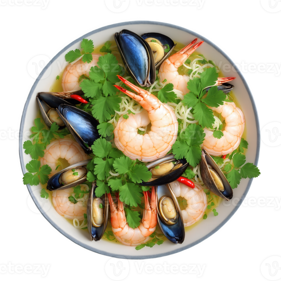 Yam Talay - A spicy seafood salad made with shrimp, squid, and mussels, tossed with onions, cilantro, chili, and lime. png