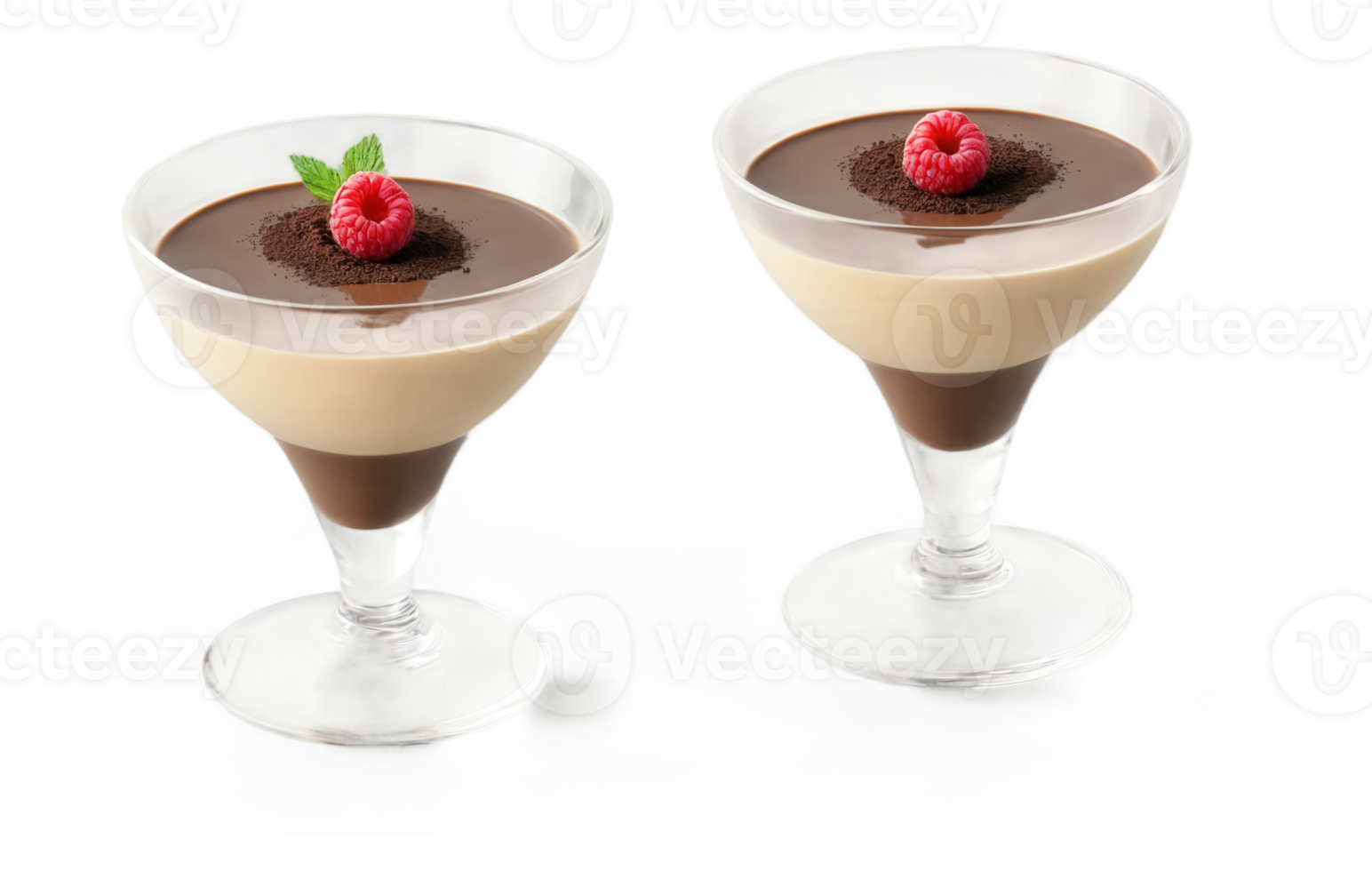 Mocha mousse panna cotta served in small glass cups, topped with a caramelized sugar crust and a drizzle of dark png