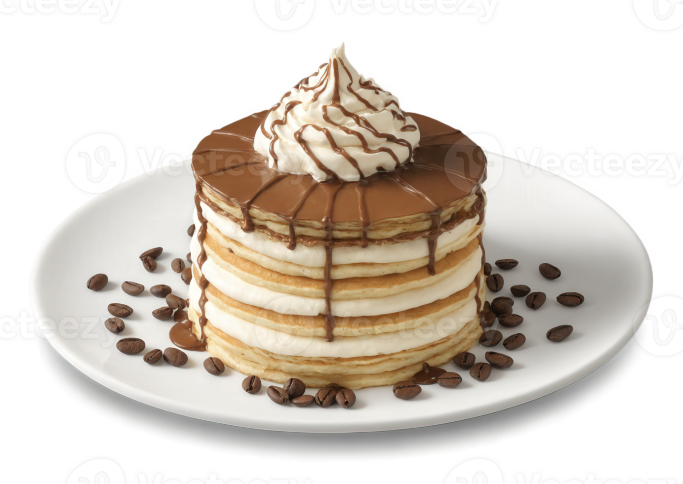 Mocha mousse souffle pancakes stacked high with creamy mocha mousse filling between each pancake layer. The pancakes are topped with png