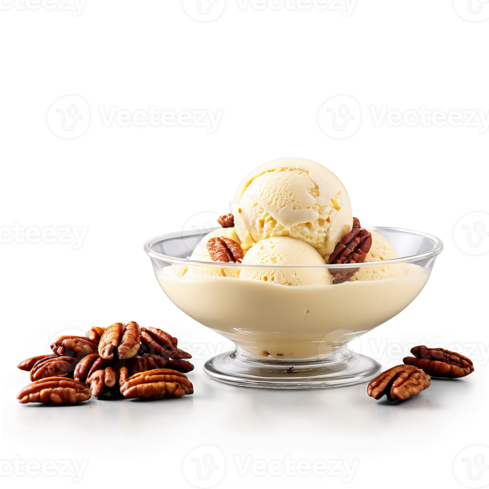 Butter pecan ice cream in a glass sundae dish with caramelized pecans and a drizzle png