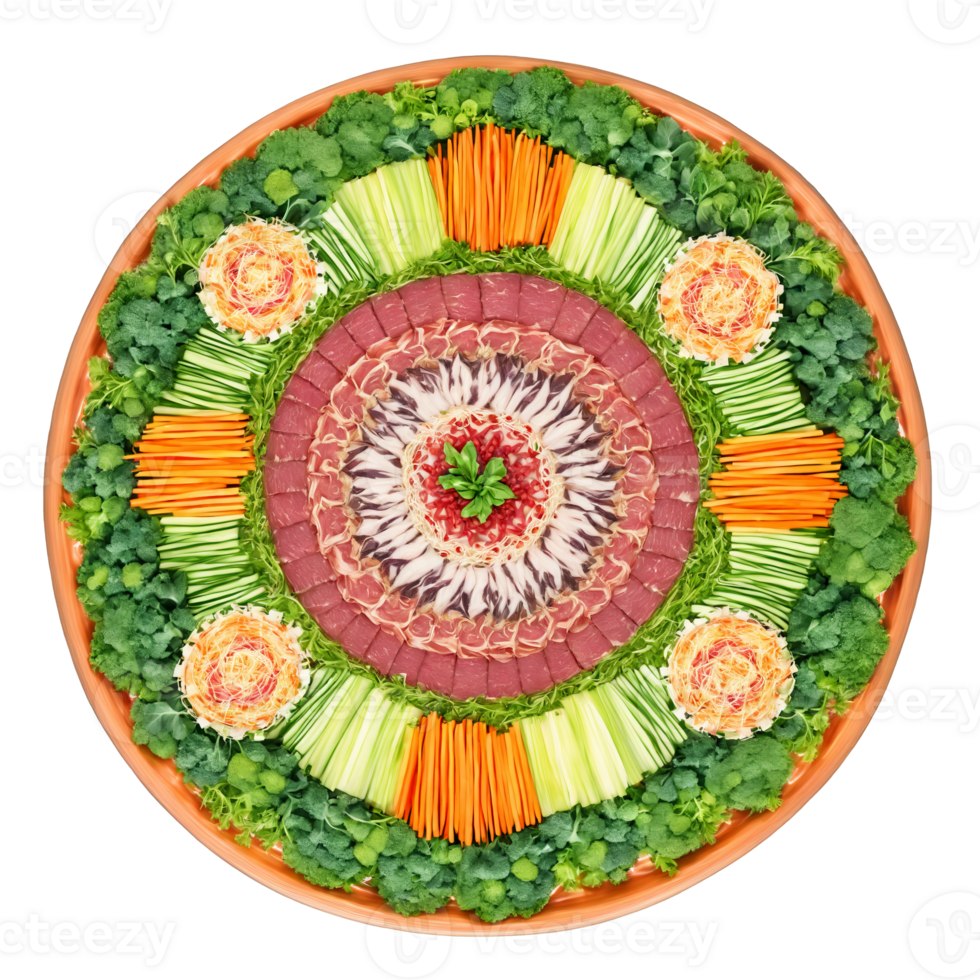 Kholodets Mandala savory meat aspic with vegetables arranged in an enchanting circular composition garnished png