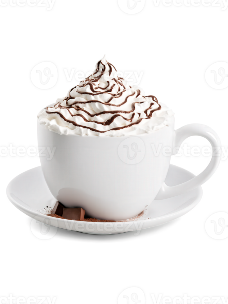 Steaming Hot Chocolate topped with whipped cream and chocolate shavings, rich brown and white tones, isolated png