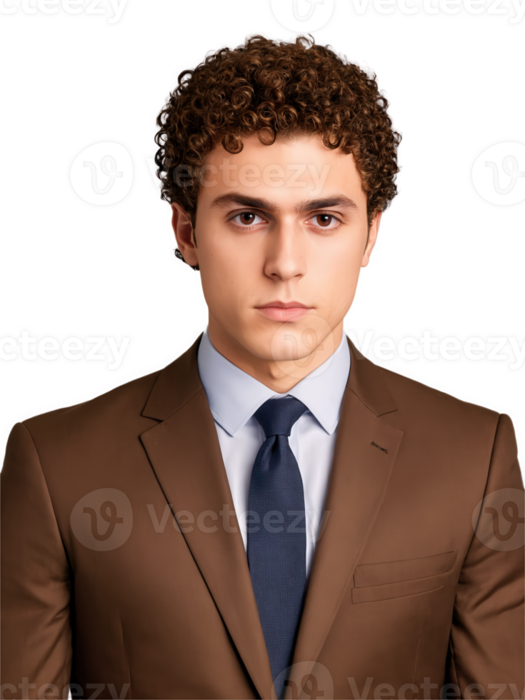 Young man with short, curly brown hair and deep brown eyes, a serious, intense look. He wears a smart suit. png