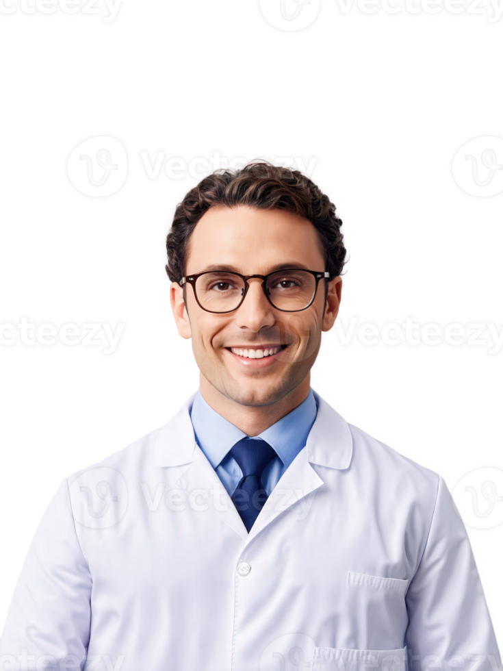 European man aged 30-40 years old, wearing medical uniform, looking happy with glasses, with wavy hair and brown hair. png