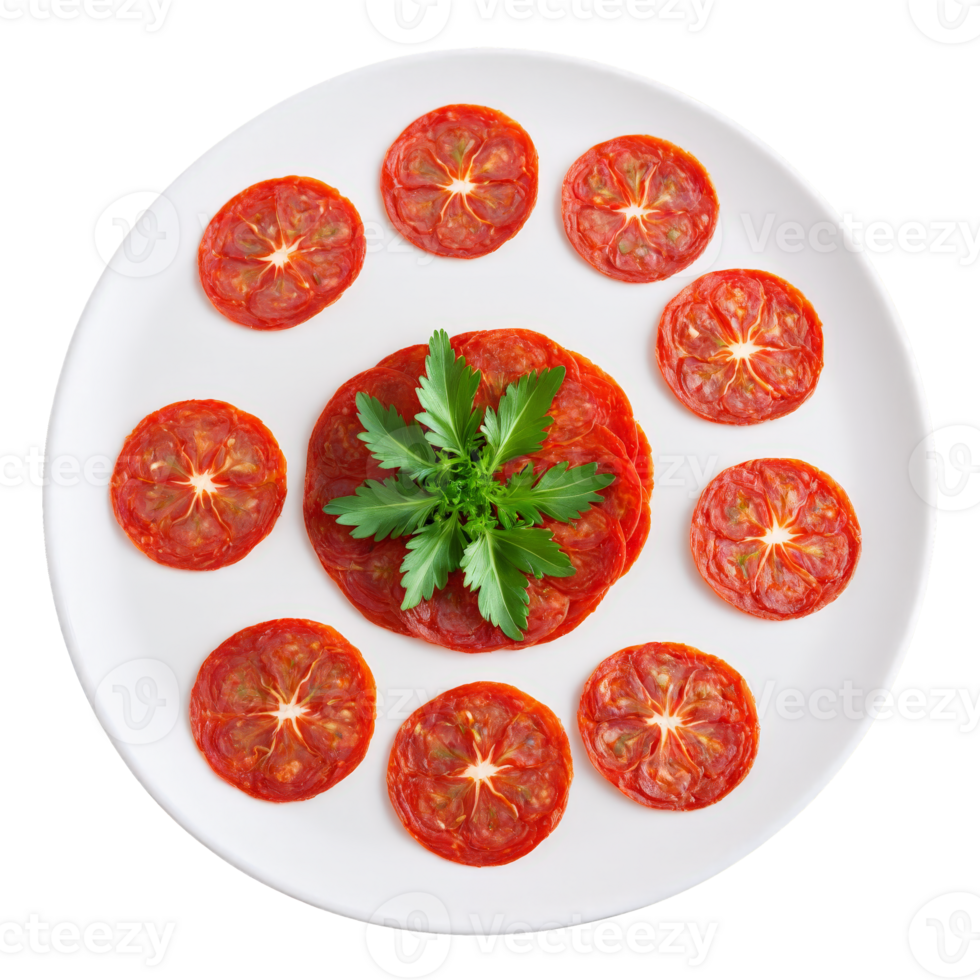 Pepperoni neatly arranged in a circular pattern on a white ceramic plate with a small png