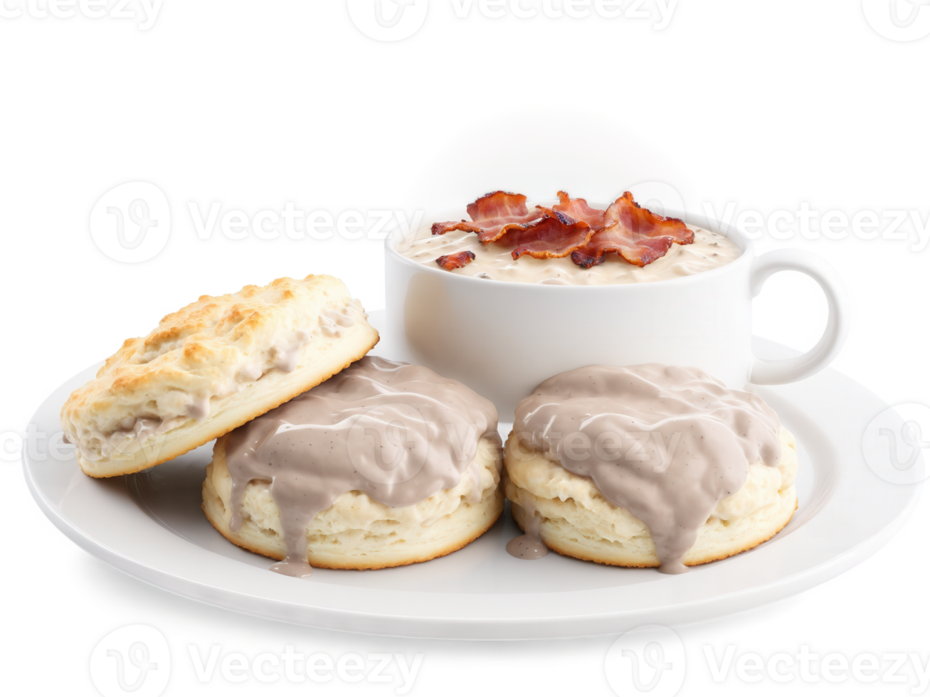 Biscuits and Gravy Fluffy biscuits smothered in a rich sausage gravy, served with a side of crispy bacon or sausage. png