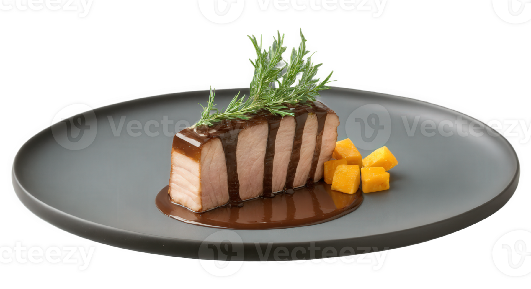 Mocha mousse-infused pork belly with a coffee-based glaze, served with roasted root vegetables and a drizzle of dark chocolate sauce. png