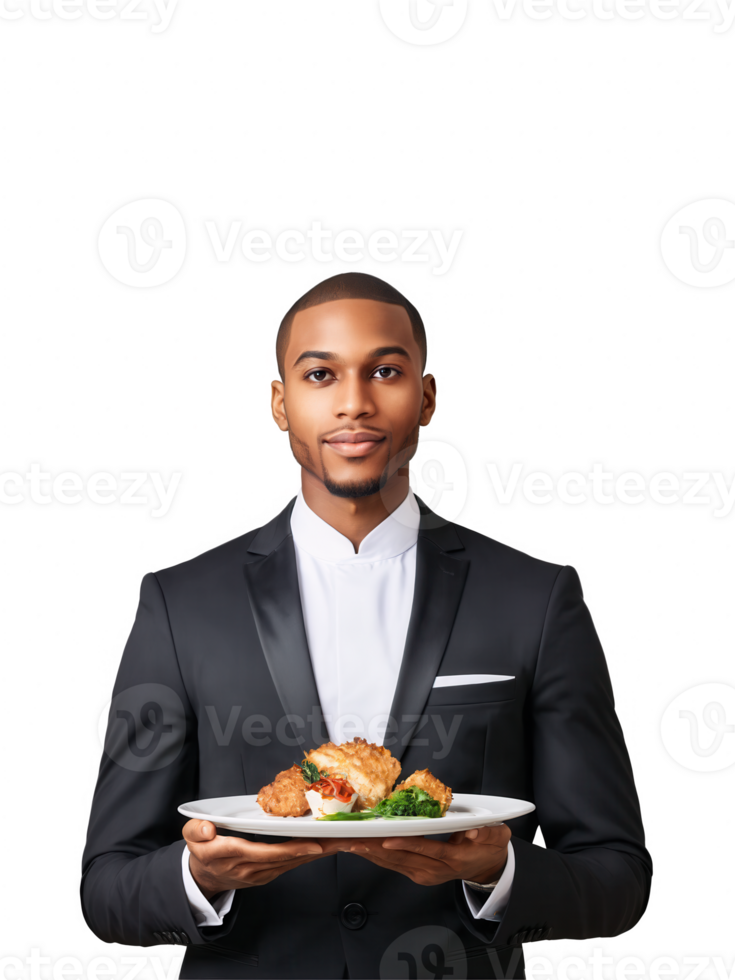 Waiter, male, African American, 24 years old, with short hair and a black suit. He is serving food at a png