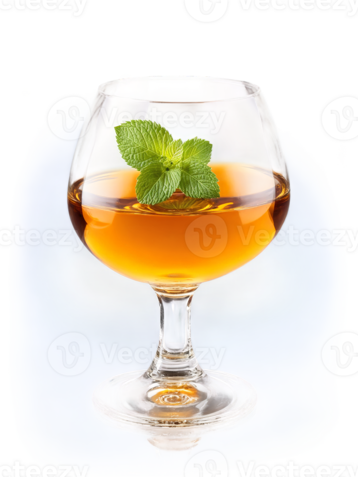 Spanish Brandy de Jerez in snifter accompanied by few fresh grapes and sprig of green png