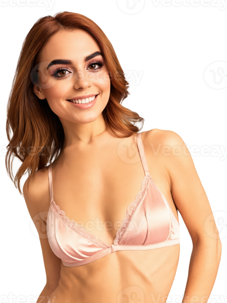 Middle Eastern lingerie model with straight auburn hair, brown eyes, athletic body type, wearing a soft satin bralette and thong png